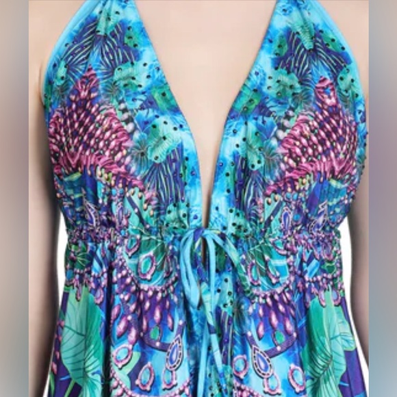 New Women Silk Tropical Blue Sea Life Beaded Halter India Handmade Dress NWT